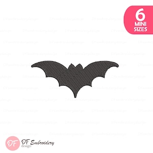 May include: A black bat embroidery design with a detailed stitched texture. The design is in the center of the image, with a pink oval in the upper right corner that says "6 MINI SIZES". The DF Embroidery design logo is in the lower left corner.