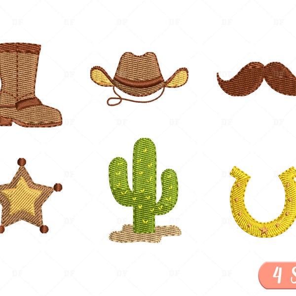 Mini Cowboy Embroidery Designs, Cowboy Embroidery Bundle, Cactus, Cowboy Hat, Horseshoe, Sheriff Badge, 6 Design, 4 Sizes