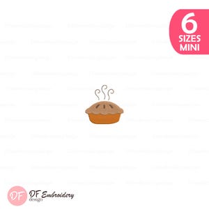 Può includere: Un disegno per ricamo di una torta marrone con una crosta superiore e vortici di vapore che si alzano sopra di essa. L'immagine include un grafico rosa nell'angolo con il testo bianco 6 SIZES MINI e un logo con il testo DF Embroidery design.