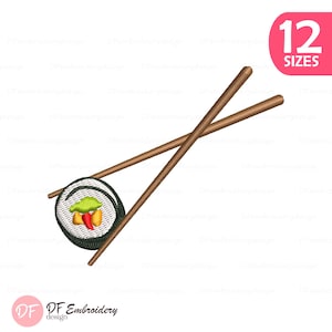 May include: An embroidered sushi roll with green, yellow, and red fillings, held by two brown chopsticks. The design is set against a white background. The image includes the text "12 SIZES" in a pink circle.