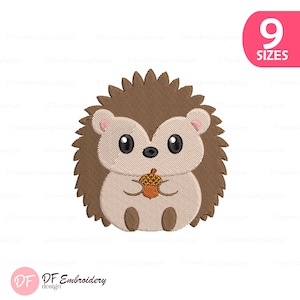 May include: An embroidered design of a cute hedgehog holding an acorn. The hedgehog has a light brown body, dark brown quills, and large black eyes. The design is available in 9 sizes.