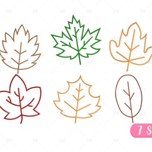 Può includere: Sei diversi disegni di contorno di foglie autunnali in vari colori. Le foglie sono di colore verde, marrone, rosso e arancione. I disegni sono semplici ed eleganti.