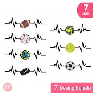 May include: A digital design bundle featuring sports balls including a football, baseball, volleyball, tennis ball, handball, hockey puck, and soccer ball. Each ball is integrated into a heartbeat line design. The image includes the text "7 SIZES" and "7 Desing Bundle".
