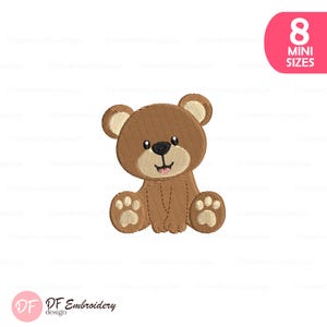 May include: A brown teddy bear embroidery design with a smiling face, paws, and rounded ears. The design includes the text "8 MINI SIZES" in a pink oval. The logo "DF Embroidery design" is at the bottom.