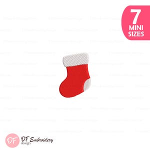 May include: A red Christmas stocking with a white cuff and heel, embroidered with a textured design. The image includes a pink circle with the text "7 MINI SIZES". The DF Embroidery design logo is at the bottom.