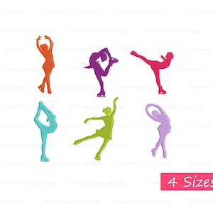 May include: Six different coloured silhouette designs of figure skaters in various poses. The colours are orange, purple, pink, turquoise, green, and lavender. The text "4 Sizes" is in a pink rectangle at the bottom of the image.
