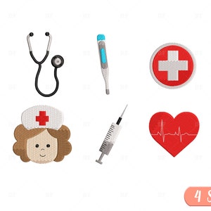 Puede incluir: Un conjunto de seis diseños de bordado que representan símbolos médicos, incluyendo un estetoscopio, un termómetro, una cruz roja, una jeringa, un corazón con una línea de latido del corazón y una enfermera de dibujos animados. Los diseños están disponibles en cuatro tamaños.