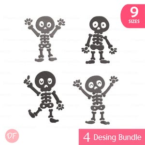 Könnte beinhalten: Vier graue Cartoon-Skelett-Designs in verschiedenen Posen. Die Skelette haben runde Köpfe, Brustkörbe und Gliedmaßenknochen. Das Bild enthält den Text "9 Sizes" und "4 Desing Bundle".