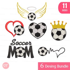May include: A collection of soccer-themed designs, including a soccer ball with angel wings and halo, a heart-shaped soccer ball, and a soccer ball with a crown. The words "Soccer MOM" are also featured. The designs are in black, white, red, and gold.