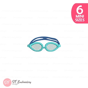 May include: A teal and blue embroidered swimming goggles design. The goggles have a blue strap and teal frames with a mesh pattern on the lenses. The image also includes a pink square with the text "6 MINI SIZES".