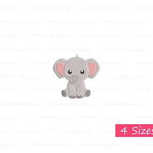 May include: A gray embroidered elephant with pink inner ears and large, black eyes. The elephant is sitting, facing forward, and has a small trunk. The text "4 Sizes" is in a pink rectangle in the bottom right corner.