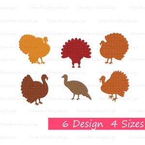 Może przedstawiać: Sześć wzorów indyków w odcieniach pomarańczu, brązu i czerwieni. Obraz zawiera tekst "6 Design 4 Sizes" w różowym prostokącie, sugerujący opcje dla haftu lub projektów rzemieślniczych. Wzory są różne.