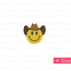 May include: A yellow smiley face wearing a brown cowboy hat. The smiley face has a simple design with two eyes, a nose, and a wide smile.