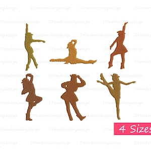 May include: A collection of six dancer silhouettes in various poses, each wearing a hat and skirt. The figures are in shades of brown and gold, with the text "4 Sizes" in a pink rectangle.
