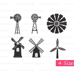 May include: Set of six black and white windmill embroidery designs in four different sizes. The designs include a traditional windmill, a windmill with a round blade, and a windmill with a three-blade propeller.