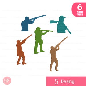 May include: A collection of six mini-sized, colorful silhouette designs of people aiming rifles. The figures are in shades of blue, green, orange, and brown. The image includes the text "6 MINI SIZES" and "5 Desing".