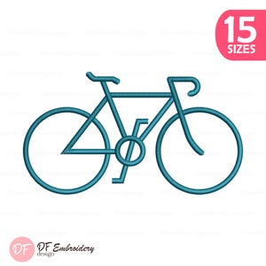 Puede incluir: Un contorno de bicicleta de color turquesa con manillar curvo y dos ruedas. La imagen incluye el texto "15 SIZES" en un círculo rosa. El logotipo "DF Embroidery design" está en la parte inferior.