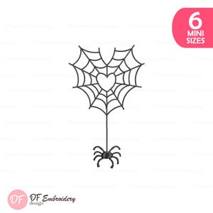 Könnte beinhalten: Ein schwarzes Spinnennetz-Design mit herzförmiger Mitte und einer Spinne, die darunter hängt. Das Bild enthält den Text "6 Mini Sizes" in einem rosa Oval und das Logo "DF Embroidery design".