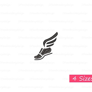 Może przedstawiać: Czarno-biały wzór haftu przedstawiający skrzydlatą stopę, symbol szybkości i atletyzmu. Wzór dostępny jest w czterech rozmiarach.