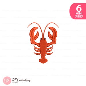Puede incluir: Diseño de bordado detallado de una langosta en tonos naranja. La langosta tiene pinzas prominentes, antenas y un cuerpo segmentado. El diseño está sobre un fondo blanco, con una etiqueta rosa que dice "6 MINI SIZES".
