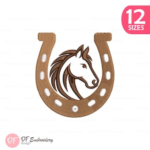 Pode incluir: Uma ferradura castanha com um desenho de cabeça de cavalo. A cabeça do cavalo é castanha e branca, e está centrada dentro da ferradura. A imagem também inclui o texto "12 SIZES" num círculo rosa e o logótipo "DF Embroidery design".