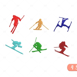 Stickdatei Mini Skifahrer Silhouette, Stickdatei Skifahrer Silhouette, Sport Stickmuster, 6 Design, 4 Größen