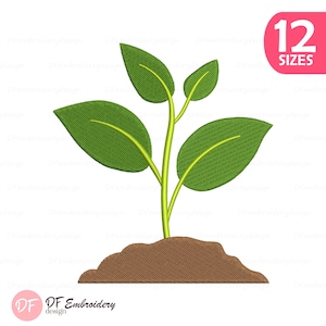 May include: An embroidered design of a green plant with four leaves and a brown base, with the text "12 SIZES" in a pink circle. The design also includes the text "DF Embroidery design" in the bottom left corner.