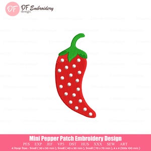 May include: A red mini pepper patch embroidery design with white dots and a green stem. The design is labeled "DF Embroidery design". The text at the bottom reads "Mini Pepper Patch Embroidery Design".