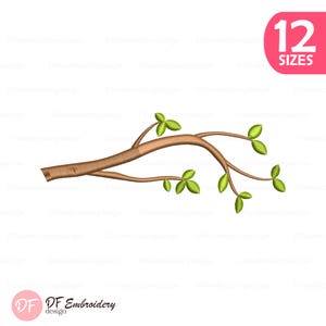 Peut inclure: Une branche marron avec des feuilles vertes, élément de design pour la broderie ou l'art numérique. L'image comprend le texte "12 SIZES" dans un ovale rose et le logo "DF Embroidery design".