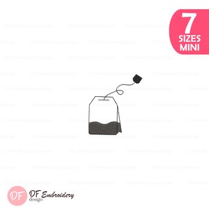 May include: A black machine embroidery design of a tea bag with a string and tag. The design features a simple outline of the tea bag with a filled-in bottom section representing tea leaves. A pink corner badge displays the text 7 SIZES MINI.