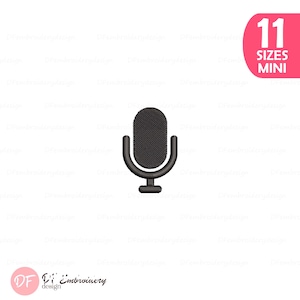 May include: A black embroidered microphone icon featuring a rounded head and a curved stand base. In the top right corner, a pink rounded rectangle contains the white text 11 SIZES MINI. The design is centered on a plain white background.