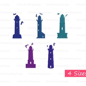 Könnte beinhalten: Ein Bild mit sechs gestickten Leuchtturm-Designs in verschiedenen Blau-, Türkis- und Lilatönen. Jeder Leuchtturm hat ein anderes Design, einige mit fliegenden Vögeln. Der Text "4 Sizes" wird in einem rosa Rechteck angezeigt.