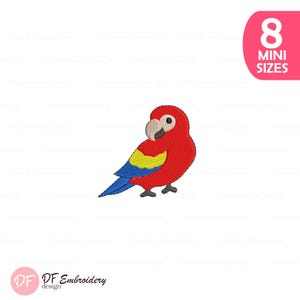 May include: A red parrot embroidery design with yellow and blue accents. The design includes a white beak and black feet. The image also includes the text "8 Mini Sizes" in a pink oval.