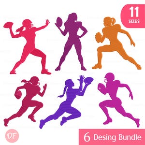 Puede incluir: Seis siluetas coloridas de jugadoras de fútbol americano en poses de acción. Las figuras son en tonos de rosa, morado y naranja, sosteniendo balones y usando cascos. La imagen también incluye el texto "11 SIZES" y "6 Desing Bundle."