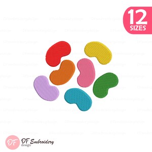 Puede incluir: Un diseño de bordado digital que presenta siete formas de gominolas coloridas en rojo, amarillo, naranja, rosa, verde, azul y morado. Una insignia rectangular rosa en la esquina superior derecha muestra el texto blanco 12 SIZES.