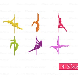 May include: Six different coloured embroidery designs of a person pole dancing. The designs are in yellow, orange, purple, pink, green, and red. The text "4 Sizes" is in the bottom right corner of the image.