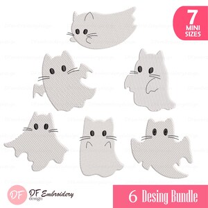 May include: Six white embroidered cat ghost designs in different poses, each with black eyes and whiskers. The image includes the text "7 MINI SIZES" and "6 Desing Bundle". The DF Embroidery design logo is also present.