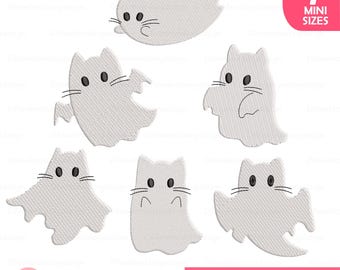 Diseños de bordado de gato fantasma: Paquete de bordado a máquina de Halloween (descarga instantánea, 7 tamaños)