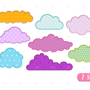 May include: Seven different cloud shapes with polka dot patterns in various colors, including orange, light blue, purple, pink, and green. The text "7 Sizes" is written in white on a pink background.