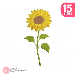 Könnte beinhalten: Ein digitales Stickdesign einer Sonnenblume. Die Sonnenblume hat gelbe Blütenblätter, eine braune Mitte, grüne Blätter und einen grünen Stiel. Das Bild enthält den Text "15 SIZES" in einem rosa Oval und das Logo "DF Embroidery design".