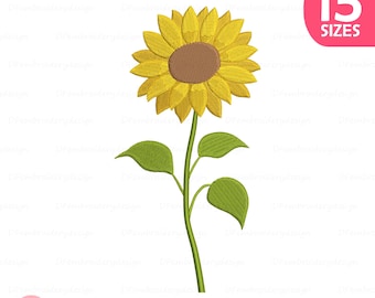 Sunflower With Stem Embroidery Design, Floral Machine Embroidery File, Instant Download, 15 Sizes