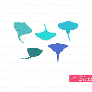 May include: Five embroidered designs of stingrays in various shades of blue and teal. The designs are available in four sizes.