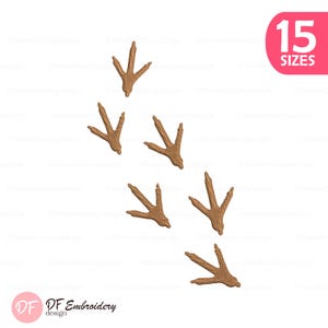 May include: A series of six brown embroidered bird footprints are arranged diagonally on a white background. A pink oval in the upper right corner displays the text "15 SIZES". The lower left corner features the text "DF Embroidery design".