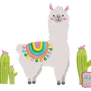 May include: A white llama with a rainbow and colorful pom-pom design on its back. The llama is standing between two green cacti with pink flowers.