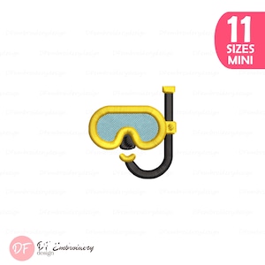 May include: An embroidery design of a yellow diving mask with light blue lenses and a black snorkel. The design features a pink corner badge with the white text 11 SIZES MINI and a logo at the bottom with the text DF Embroidery design.