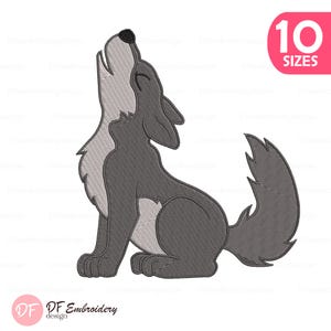 May include: A gray cartoon wolf howling with its head tilted back. The wolf is sitting with its tail curled up. The image includes the text "10 SIZES" in a pink box and the logo "DF Embroidery design".