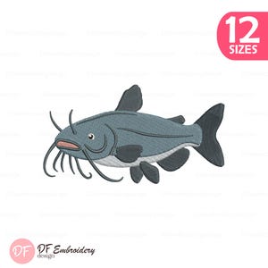 May include: An embroidery design of a blue-gray catfish with long whiskers, a light gray underbelly, and dark gray fins. The fish is depicted in profile facing left. A pink badge in the top right corner displays the text 12 SIZES in white.