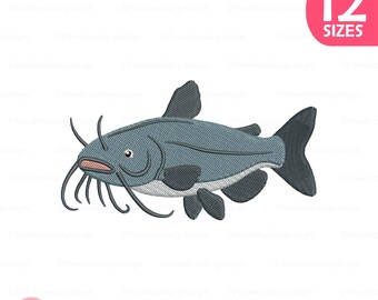 Catfish Embroidery Design, Catfish Fishing Machine Embroidery File, Fish Embroidery Pattern, Instant Download, 12 Sizes