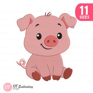 May include: A pink embroidered piglet with a smiling face, black eyes, and a curly tail. The image includes the text "11 SIZES" in a pink box. The logo "DF Embroidery design" is in the bottom left corner.