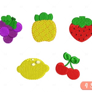 May include: Five embroidered fruit designs: a purple bunch of grapes, a yellow pineapple, a red strawberry, a yellow lemon, and two red cherries with green stems.